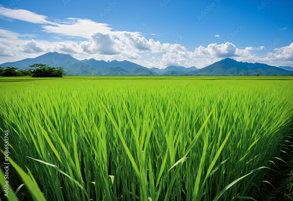 A mid range shot of a cluster of rice plants swaying gently in the breeze, surrounded by a vibrant blue sky with fluffy white clouds. The rice plants are a uniform green, with the stalks A mid range shot of a cluster of rice plants swaying gently in the breeze, surrounded by a vibrant blue sky with fluffy white clouds. The rice plants are a uniform green, with the stalks