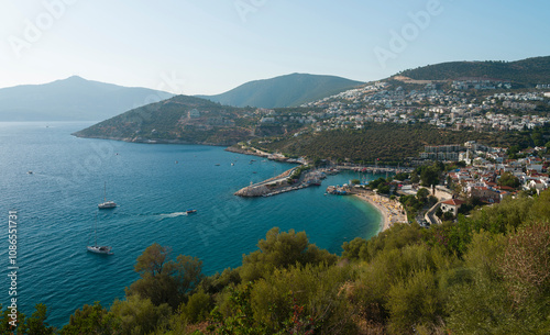 Kalkan resort and beach. It is a popular tourist destination in the Mediterranean region of Turkey. Kas province, Türkiye  photo