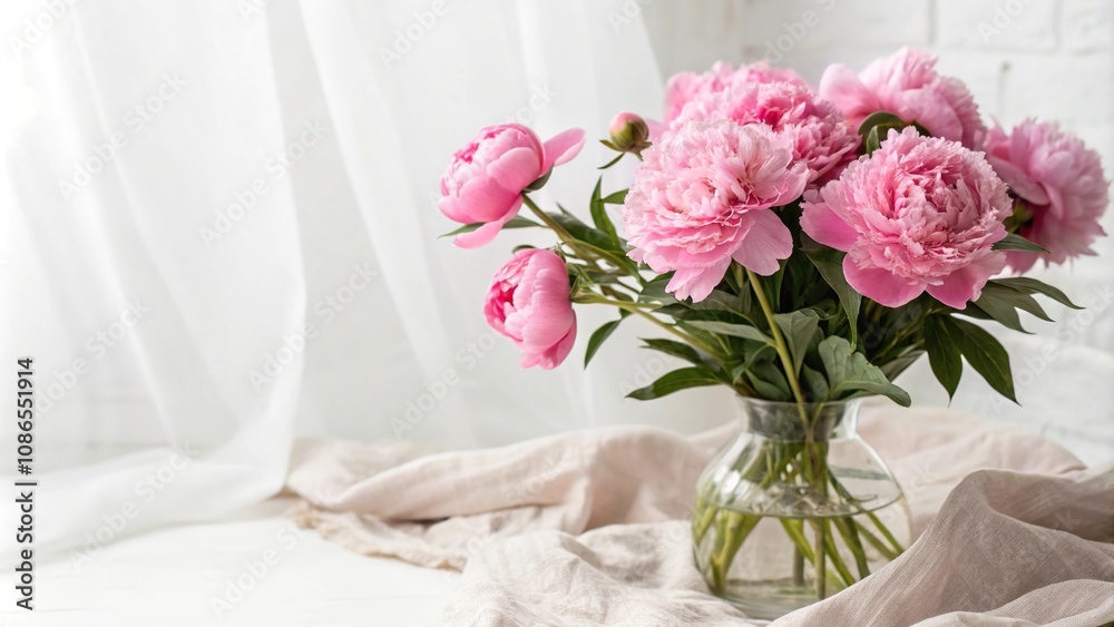 Pink peony flowers in a vase against a soft white background, floral arrangement, table centerpieces, blooming flowers, feminine charm Pink peony flowers in a vase against a soft white background, floral arrangement, table centerpieces, blooming flowers, feminine charm