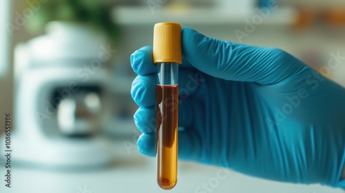 A very close shot hand with a blue colored medcal glove holds a test tube. photo