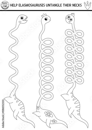 Vector black and white handwriting practice worksheet with dinosaurs. Untangle elasmosaurus necks. Prehistoric line printable drawing activity with animals. Tracing game or coloring page
