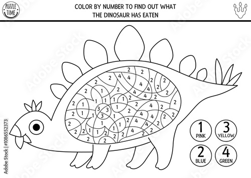 Vector black and white dinosaur color by number activity with stegosaurus and food in his stomach. Prehistoric line counting game. Simple coloring page for kids with ancient animal