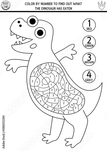 Vector line dinosaur color by number activity with T-rex and food in his stomach. Prehistoric black and white counting game. Simple coloring page for kids with tyrannosaur and what he has eaten