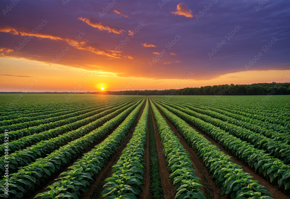 A distant shot of a vast soybean field stretching towards the horizon. The soybeans are a uniform green, creating a sea of color that fades into the distance. The sun is setting, casting a golden glow A distant shot of a vast soybean field stretching towards the horizon. The soybeans are a uniform green, creating a sea of color that fades into the distance. The sun is setting, casting a golden glow