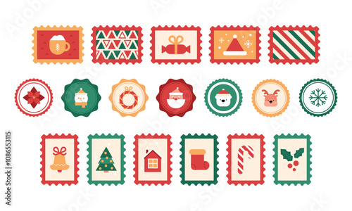 Christmas postage marks set. Stamps with geometric icons, elements and cute characters. New year letter, mail decoration. Postmark symbols, seals, greeting cards. Holiday vector illustration.