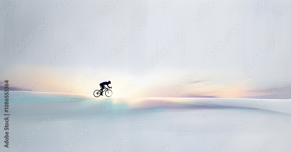 Abstract minimalist spring scene with a single, sharp silhouette of a cyclist and a blooming tree, subtle color gradients hinting at spring freshness Abstract minimalist spring scene with a single, sharp silhouette of a cyclist and a blooming tree, subtle color gradients hinting at spring freshness