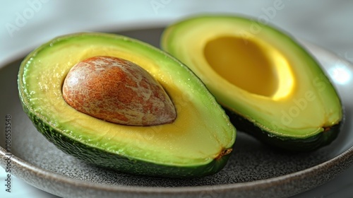 Close-up of ripe avocado halves, one with a seed, showcasing vibrant green flesh and smooth texture, placed on a ceramic plate photo