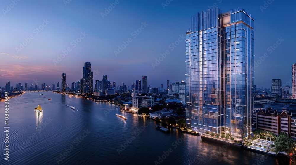 Cityscape at Dusk with Modern Skyscraper Reflection Cityscape at Dusk with Modern Skyscraper Reflection