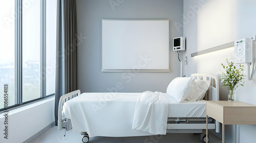 Hospital Room with Blank Canvas: A clean and minimalist hospital room with a blank canvas on the wall, perfect for displaying medical information, patient art, or inspirational messages. photo