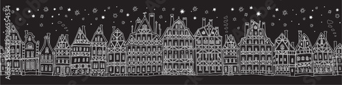 Christmas and New Year seamless border pattern. Fairy tale half-timbered houses, stars, snowflakes. White doodle on a black background