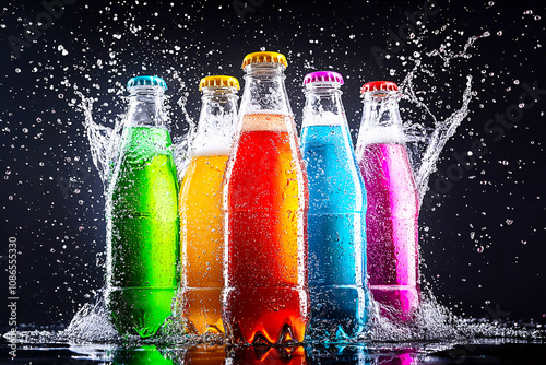 Soda bottles bursting with fizzy bubbles in bright neon colors, symbolizing the beverage addiction and sugary drink problem