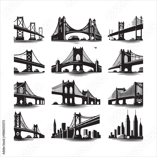 Set of bridge silhouette vector. Bridges vector icon. Bridge vector illustration.