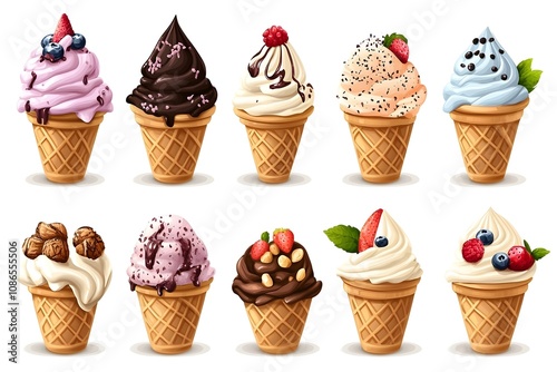 illustration of an ice cream set. Different types and tastes of cold desserts cups cones soft serve bars sticks popsicles frozen juice in waffles and on sticks. Vintage hand-drawn style generative ai