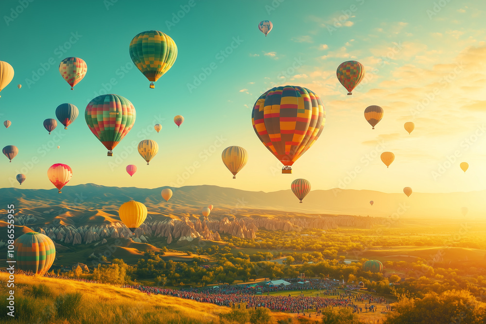 Obraz premium International Balloon Fiesta, hundreds of vibrant hot air balloons floating in the high air over hilly landscape at golden hour