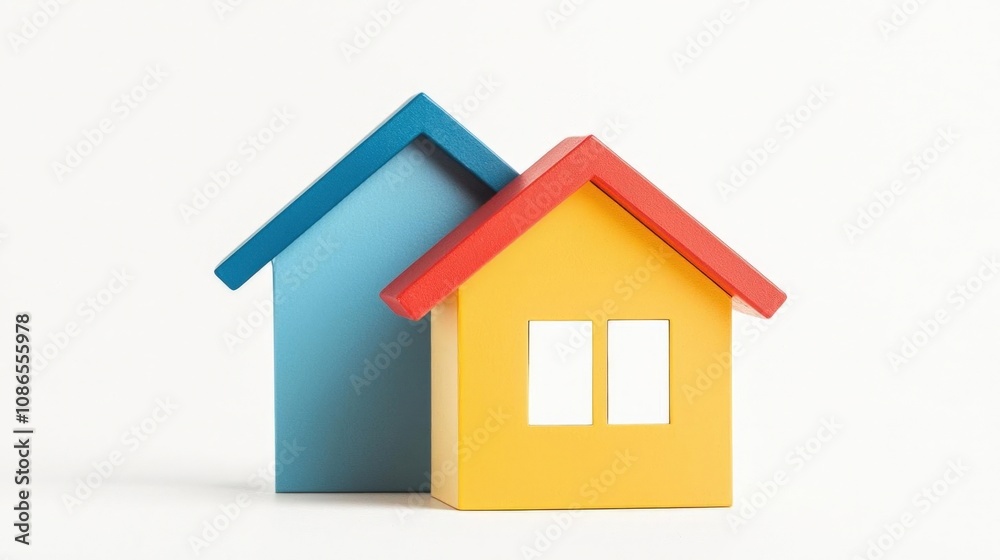 A cute cartoonstyle toy house, exaggerated features, colorful roof, isolated on white background A cute cartoonstyle toy house, exaggerated features, colorful roof, isolated on white background