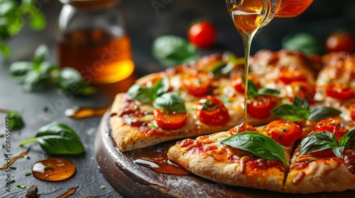 A slice of tomatoes and basil pizza with hot chili honey drizzled on top. Spicy-sweet food concept.