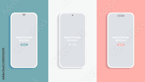 Modern Minimalist Smartphone Mockups: Clay Design on Blue Green, Gray White, and Pink Backgrounds. Vector.