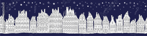 Seamless border pattern. Fairy tale half-timbered houses, medieval European town street night panorama. Coloring book page