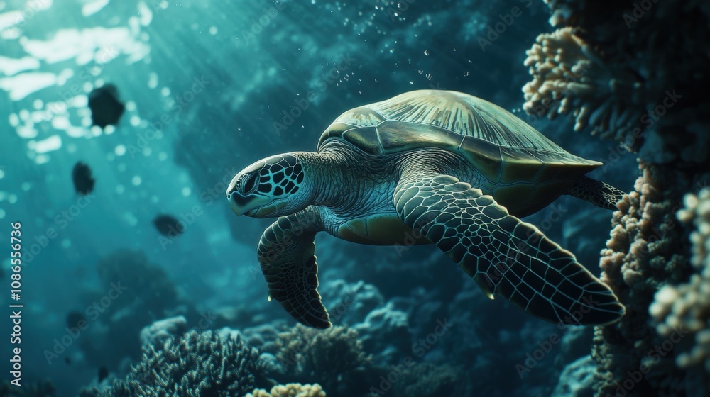 Oceanic Green Sea Turtle Gracefully Swimming Coral Reef Oceanic Green Sea Turtle Gracefully Swimming Coral Reef
