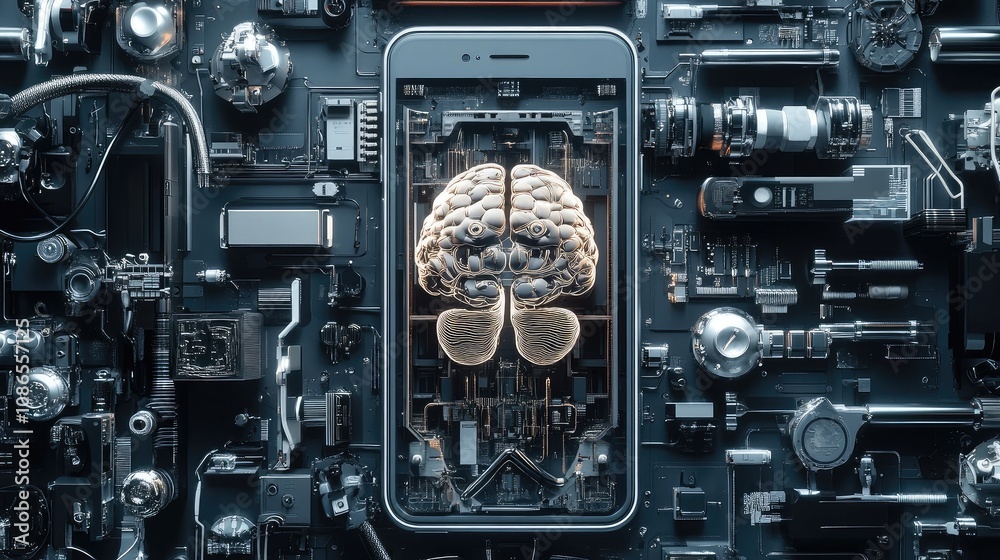 Fototapeta premium Phone with AI brain in middle, surrounded by robotic parts, advanced technology design