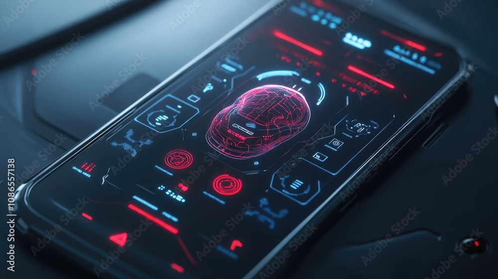Phone with central AI brain and robotic features, sleek futuristic design Phone with central AI brain and robotic features, sleek futuristic design