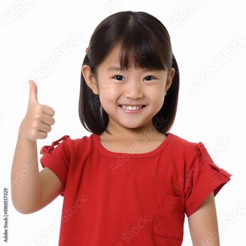 Happy cheerful girl giving thumbs up gesture with bright smile, exuding positivity and confidence in a vibrant red shirt against a clean background.