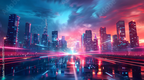 Wallpaper Mural high tech and futuristic low angle illustration of a urban cityscape with modern architecture, amazing perspective and neon light effects Torontodigital.ca