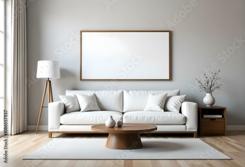 A modern living room with a white sofa, a wooden coffee table, and a large framed blank wall