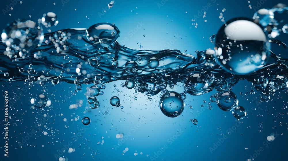 Water splash with bubbles on glowing blue background. Water splash with bubbles on glowing blue background.