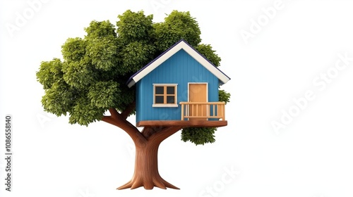 A whimsical treehouse toy, bright colors, intricate details, cartoon style, isolated on white background