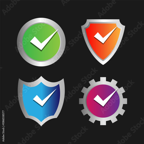 Free Download Set of circle, shield, and emblem with check icon. Vector illustration, more colors. Metal coat of arms. - GFXLoad