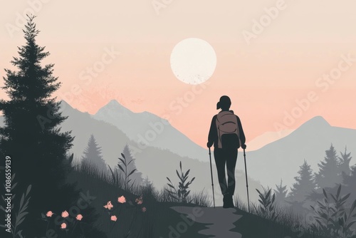 Minimalistic mountain hiking scene with person at sunrise