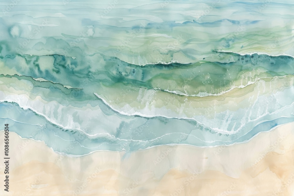 Obraz premium Abstract watercolor depiction of ocean waves and sandy shore.
