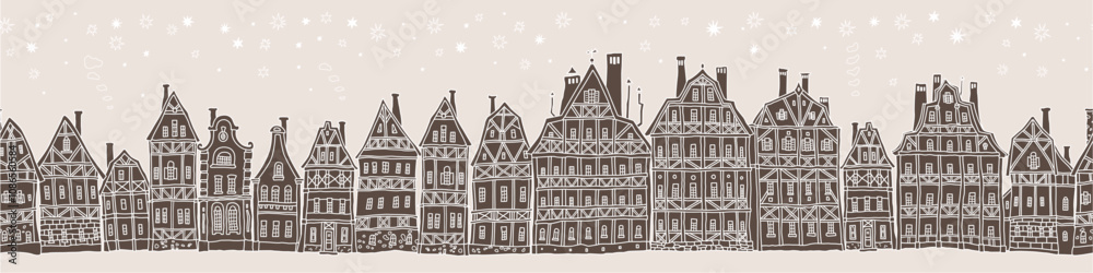 Christmas and New Year seamless border pattern. Fairy tale half-timbered houses, stars, snowflakes. Brown and beige doodle sketches Christmas and New Year seamless border pattern. Fairy tale half-timbered houses, stars, snowflakes. Brown and beige doodle sketches