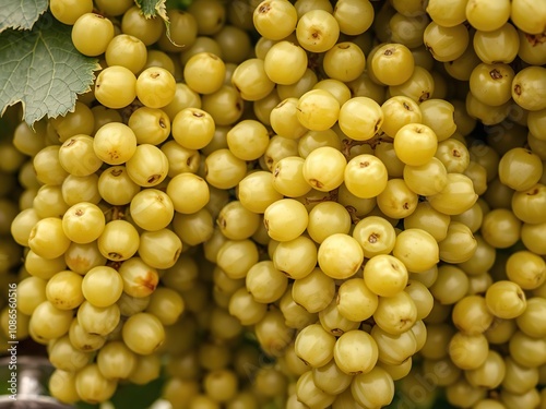 Close-up shot of bunches of white Ribeiro grapes at peak ripeness, white Ribeiro grapes, ripe grapes, grape varieties photo