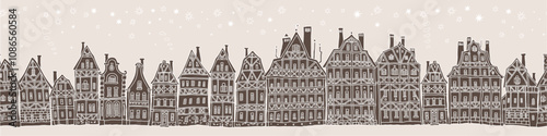 Christmas and New Year seamless border pattern. Fairy tale half-timbered houses, stars, snowflakes. Brown and beige doodle sketches 