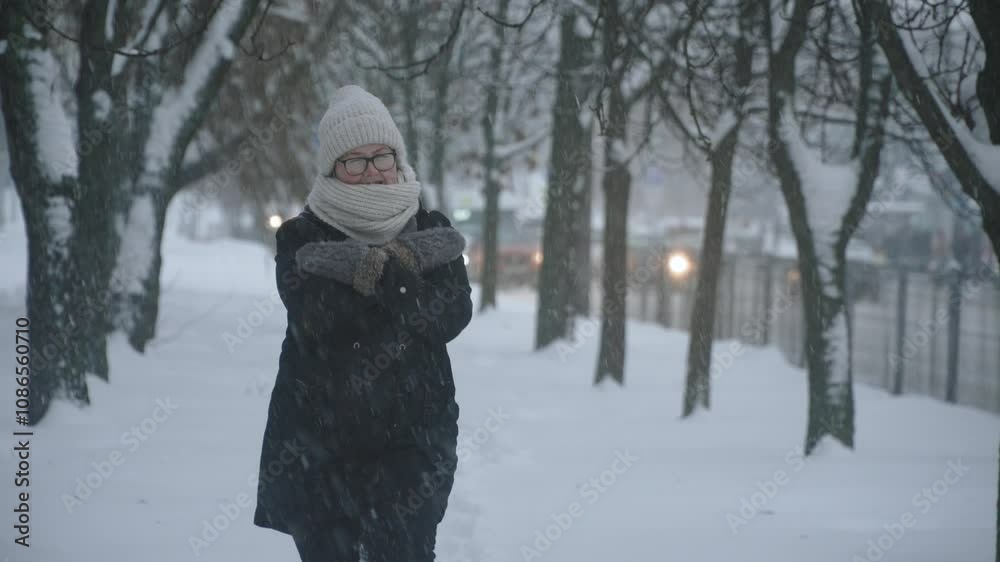 Caucasian woman walking with difficulty on snowy sidewalk near road with cars during heavy snowfall. Portrait of freezing person with sad emotions in warm clothes on atmospheric front in evening city. Caucasian woman walking with difficulty on snowy sidewalk near road with cars during heavy snowfall. Portrait of freezing person with sad emotions in warm clothes on atmospheric front in evening city.