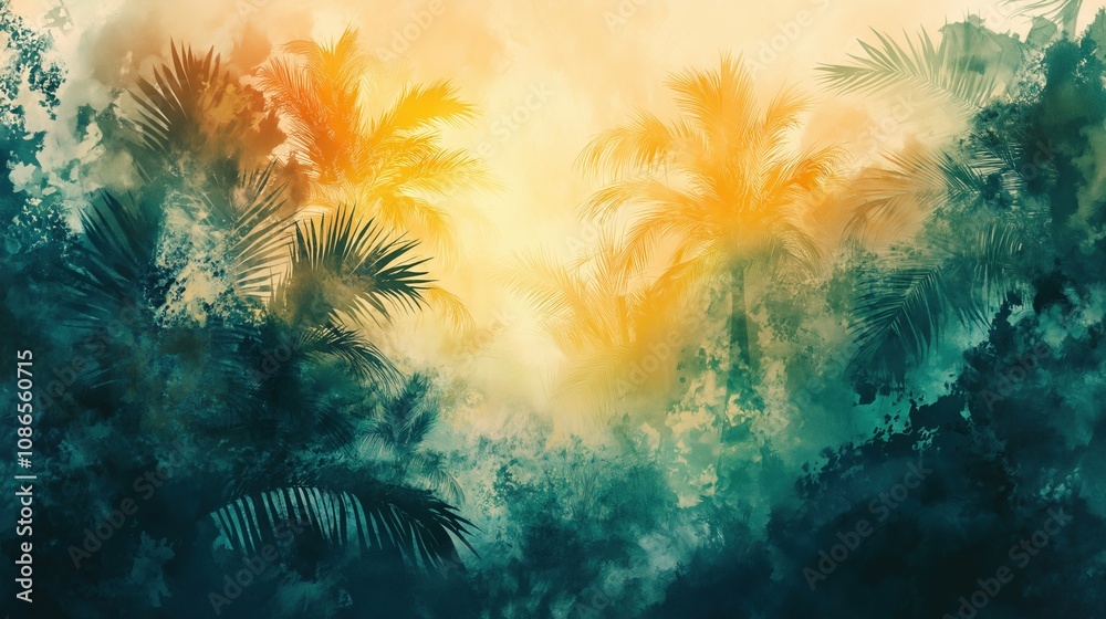 Obraz premium Tropical Watercolor Landscape with Palm Trees