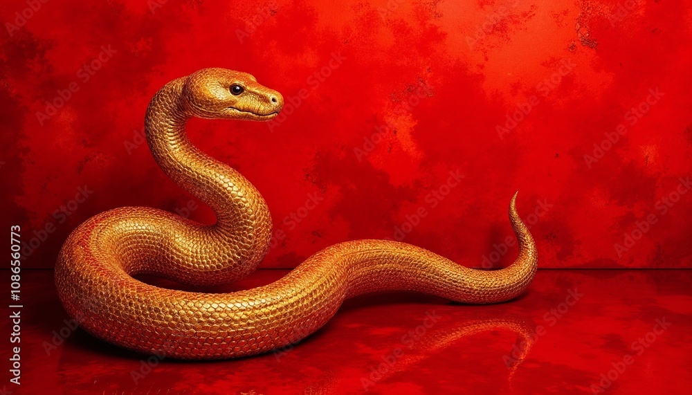 Golden Snake on Red Background – A shimmering golden snake illustration coiling on a rich red watercolor background Golden Snake on Red Background – A shimmering golden snake illustration coiling on a rich red watercolor background