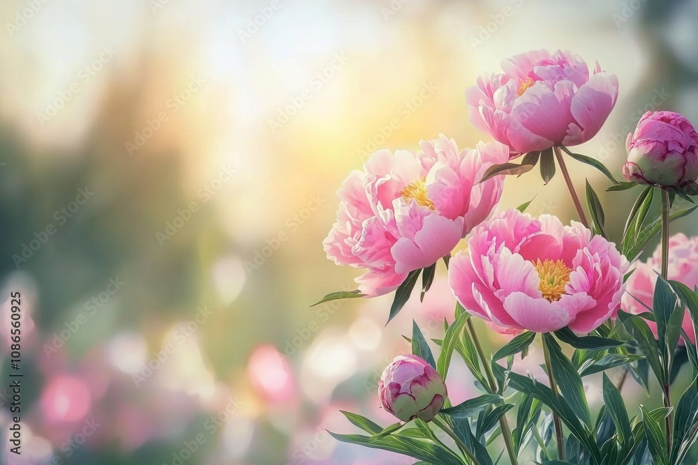Beautiful pink peonies in the sunlight, with a blurred background and a soft color palette. Beautiful pink peonies in the sunlight, with a blurred background and a soft color palette.