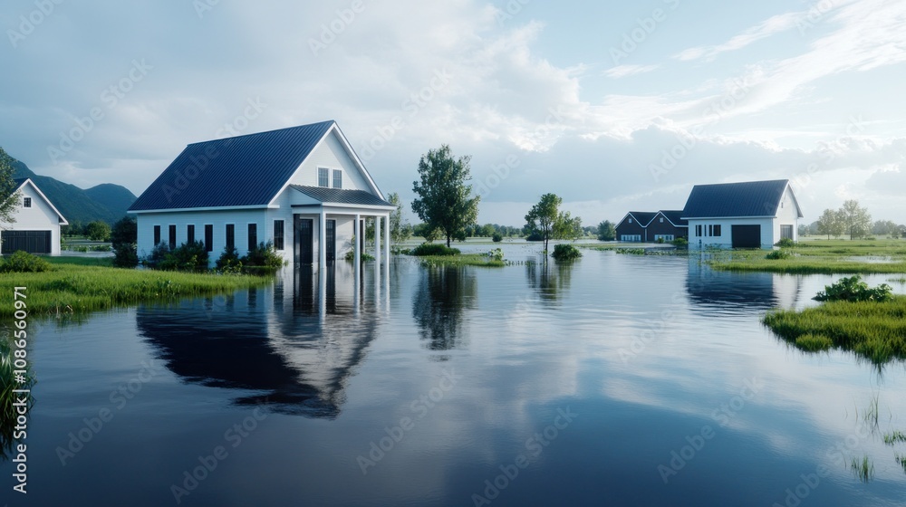 A serene landscape featuring houses surrounded by calm floodwaters. A serene landscape featuring houses surrounded by calm floodwaters.