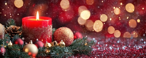 A vibrant red candle with Christmas decorations like gold baubles, pine needles, and a touch of glitter, set against a festive backdrop.