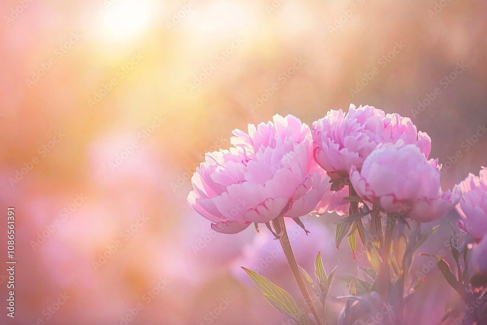 Obraz premium Beautiful pink peonies in the sunlight, with a blurred background and a soft color palette. 