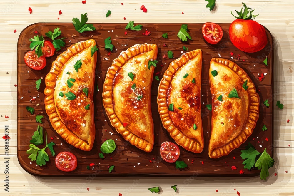Obraz premium Traditional cuisine with homemade empanadas on rustic wooden board decorated with fresh herbs and cherry tomatoes