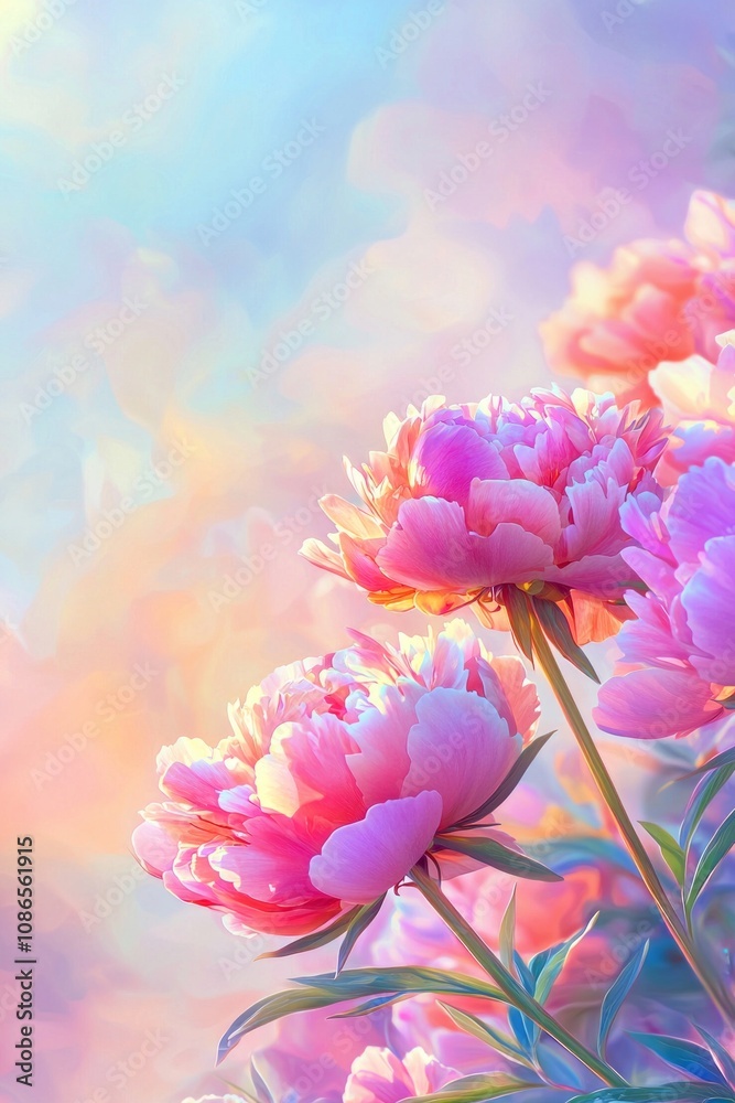 Fototapeta premium Beautiful pink peonies in the sunlight, with a blurred background and a soft color palette. 