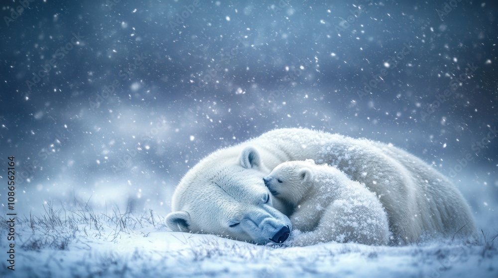 Obraz premium Polar Bear Mother and Cub Snuggle in Snowy Winter Blizzard