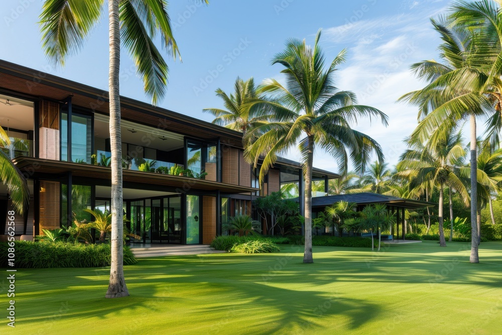 Modern house surrounded by palm trees and lush green lawn under a clear blue sky. Modern house surrounded by palm trees and lush green lawn under a clear blue sky.