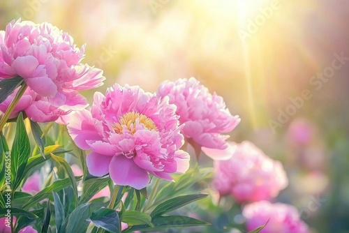 Beautiful pink peonies in the sunlight, with a blurred background and a soft color palette. 