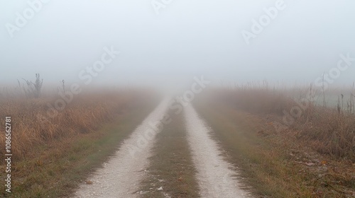 Misty Foggy Countryside Road Autumnal Grass, Path, White Frost