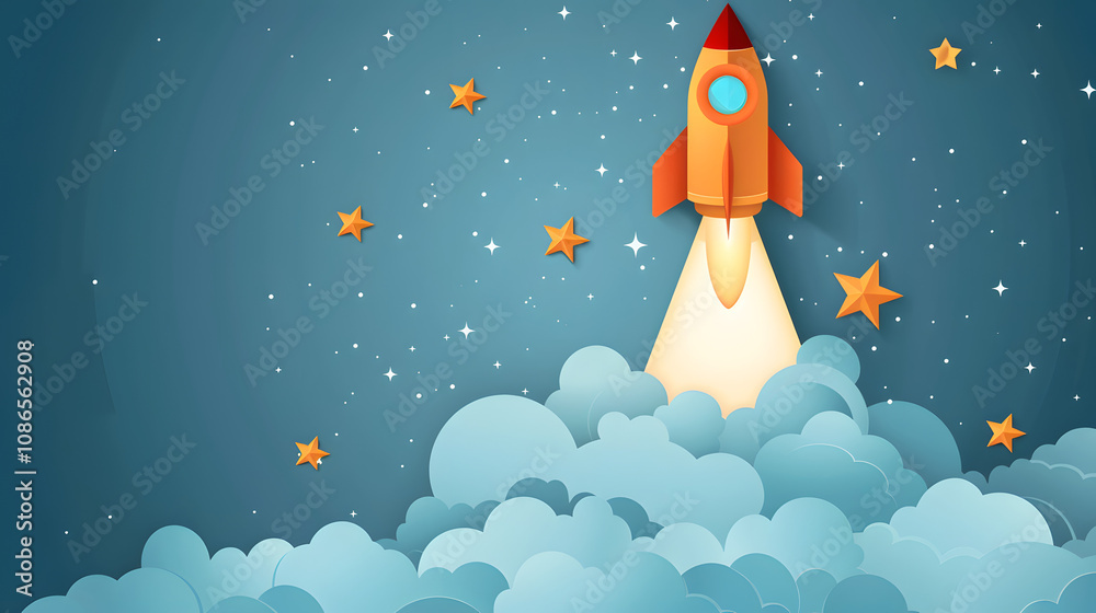 Fototapeta premium Idea light bulb flying to the sky like a rocket